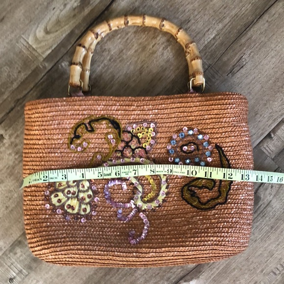 Vintage Look Straw Floral Beaded Sequin Bamboo Handle Purse Bag - Picture 9 of 12